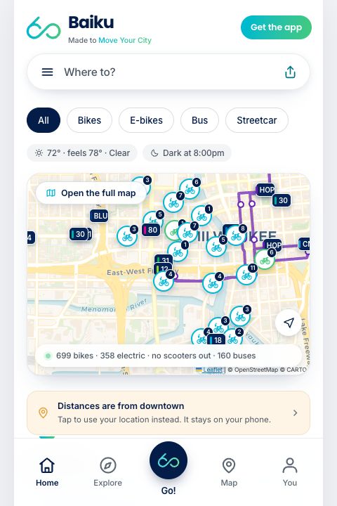 The Baiku app home screen showing live mobility and local discovery